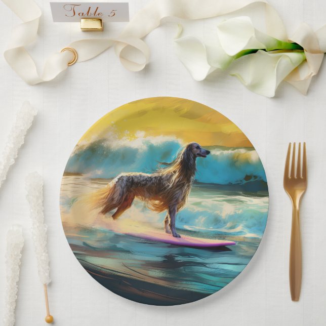Afghan Hound Beach Surfing Painting  Paper Plates (Wedding)