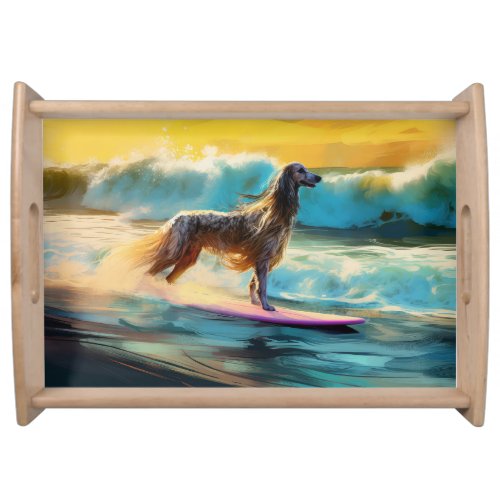 Afghan Hound Beach Surfing Painting  Serving Tray