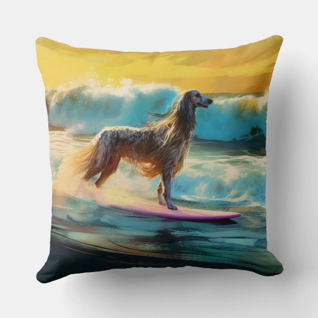 Afghan Hound Beach Surfing Painting  Throw Pillow (Back)