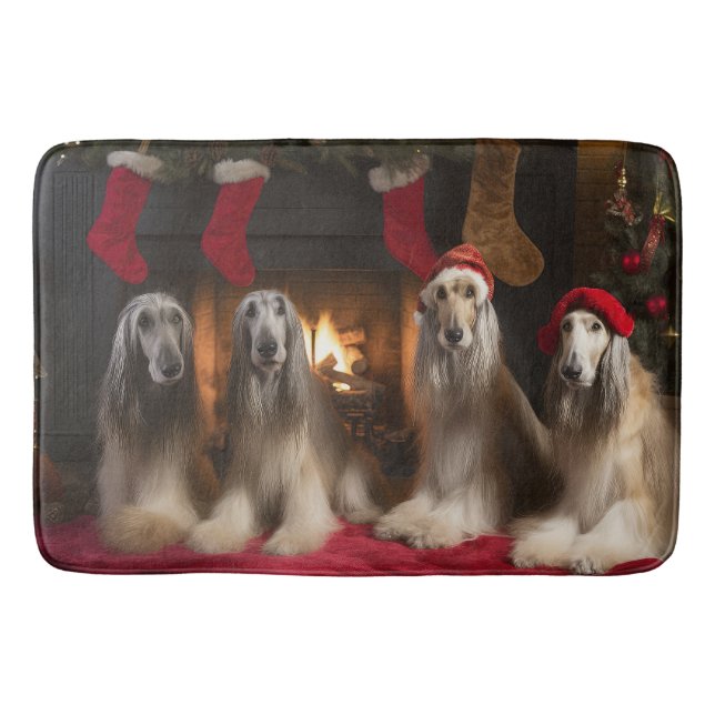 Afghan Hound by the Fireplace Christmas Bath Mat (Front)