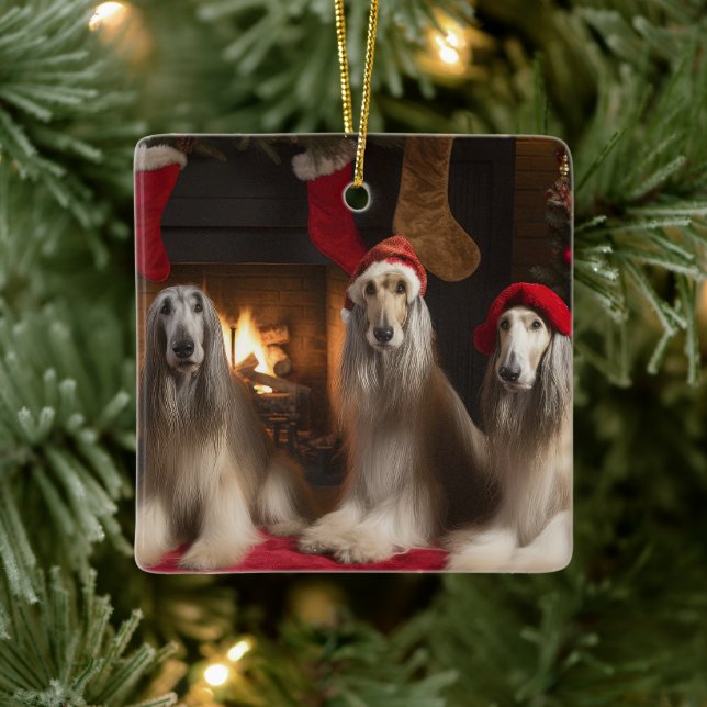 Afghan Hound by the Fireplace Christmas Ceramic Ornament (Tree)