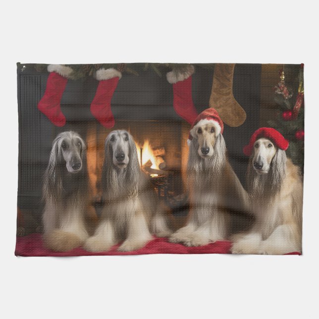 Afghan Hound by the Fireplace Christmas Kitchen Towel (Horizontal)