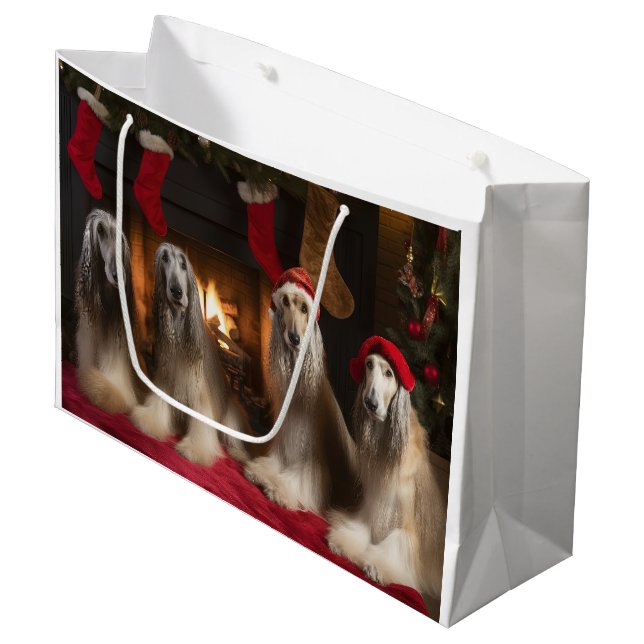 Afghan Hound by the Fireplace Christmas Large Gift Bag (Front Angled)