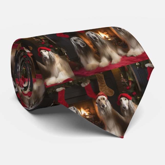 Afghan Hound by the Fireplace Christmas Neck Tie (Rolled)