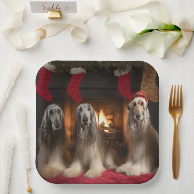 Afghan Hound by the Fireplace Christmas Paper Plates (Wedding)