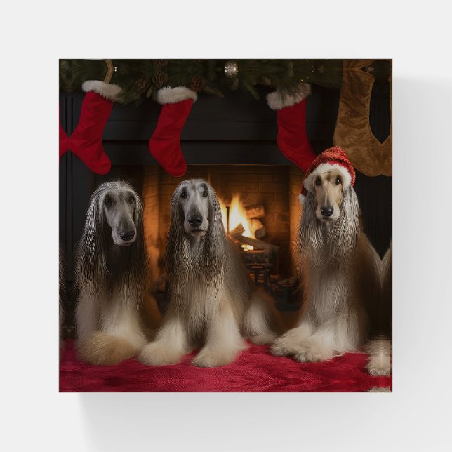 Afghan Hound by the Fireplace Christmas Paperweight (Front)