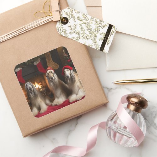 Afghan Hound by the Fireplace Christmas Square Sticker
