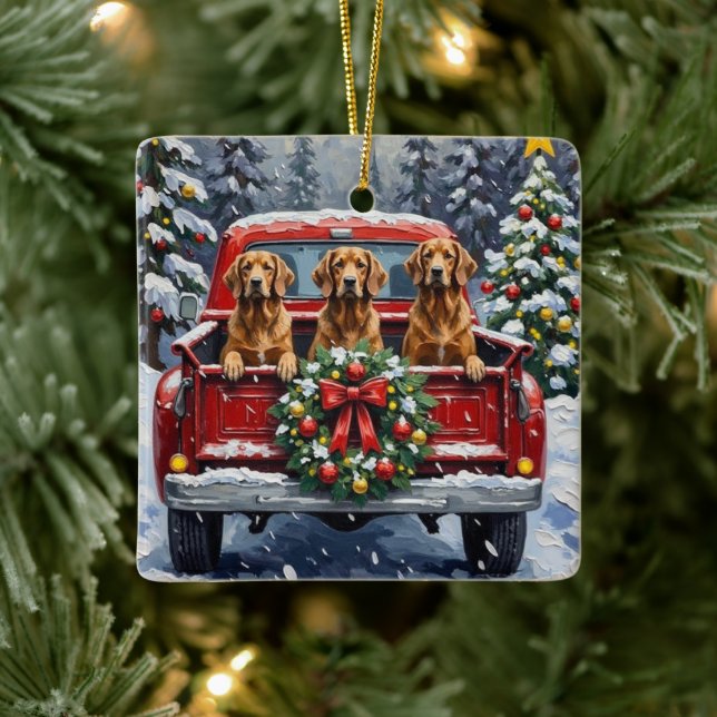 Afghan Hound Christmas Red Truck Holiday Ceramic Ornament (Tree)