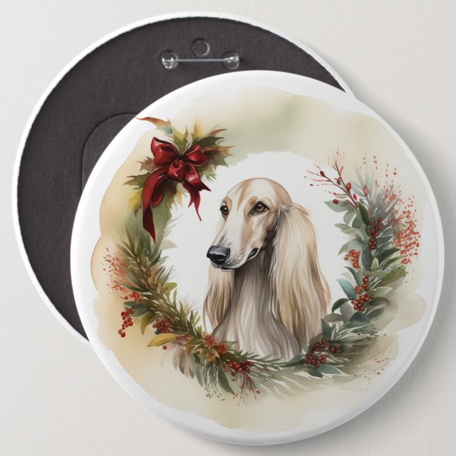 Afghan Hound Christmas Wreath Festive Pup  Button (Front & Back)