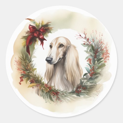 Afghan Hound Christmas Wreath Festive Pup  Classic Round Sticker