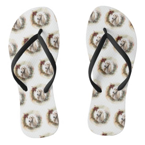 Afghan Hound Christmas Wreath Festive Pup  Flip Flops