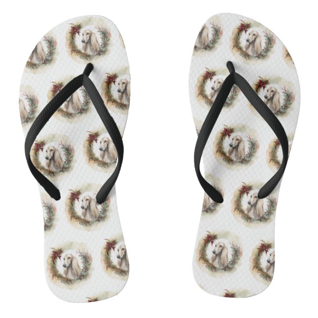 Afghan Hound Christmas Wreath Festive Pup  Flip Flops (Footbed)