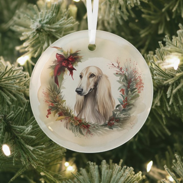 Afghan Hound Christmas Wreath Festive Pup  Glass Ornament (Insitu)