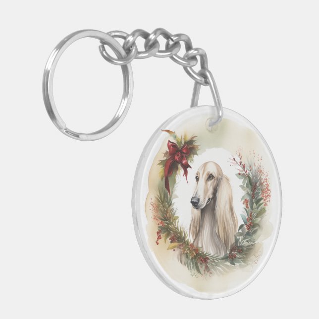 Afghan Hound Christmas Wreath Festive Pup  Keychain (Front Left)