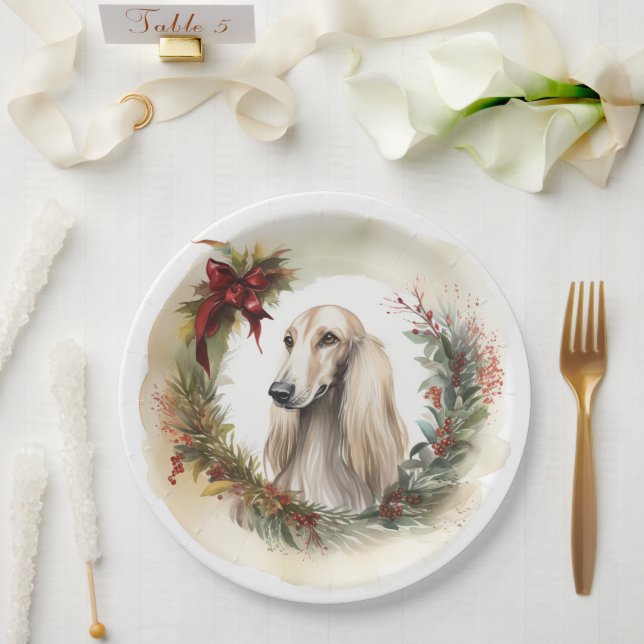 Afghan Hound Christmas Wreath Festive Pup  Paper Plates (Wedding)