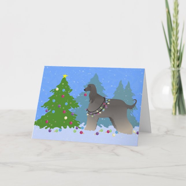 Afghan Hound decorating christmas tree-forest Holiday Card (Front)