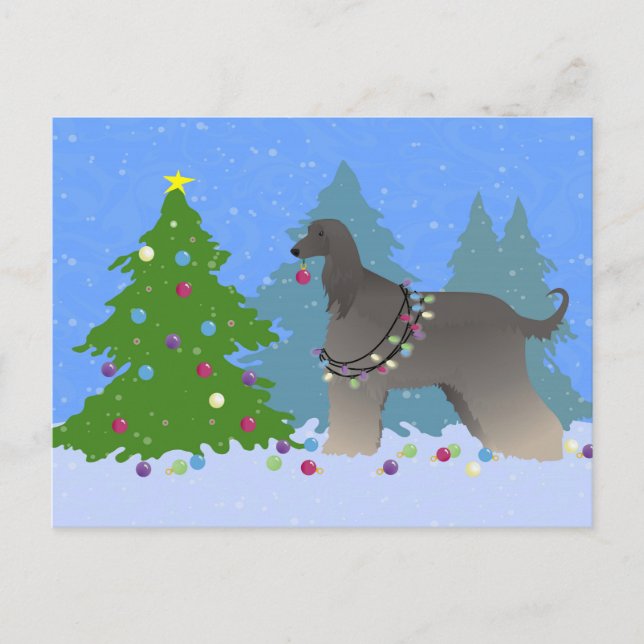 Afghan Hound decorating christmas tree-forest Holiday Postcard (Front)