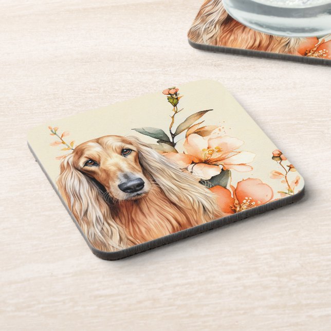 Afghan Hound Dog and Peach Lilies Beverage Coaster (Left Side)