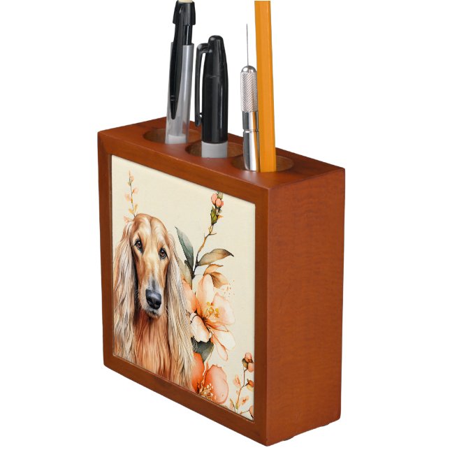 Afghan Hound Dog and Peach Lilies Desk Organizer (In Situ)