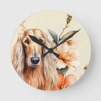 Afghan Hound Dog and Peach Lilies Round Clock