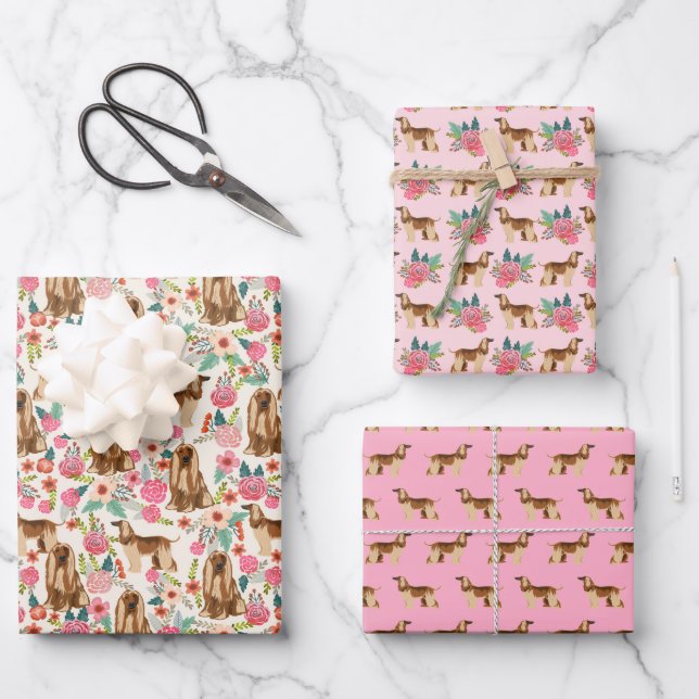 Afghan Hound Dog Cute Pink Floral Wrapping Paper Sheets (Front)