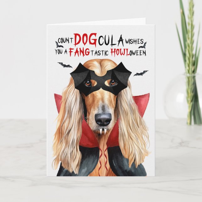 Afghan Hound Dog Funny Count DOGcula Halloween Holiday Card (Front)