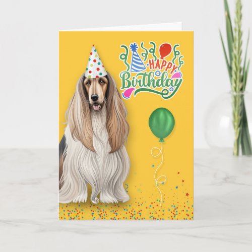 Afghan Hound Dog in a Party Hat on Yellow Birthday Card