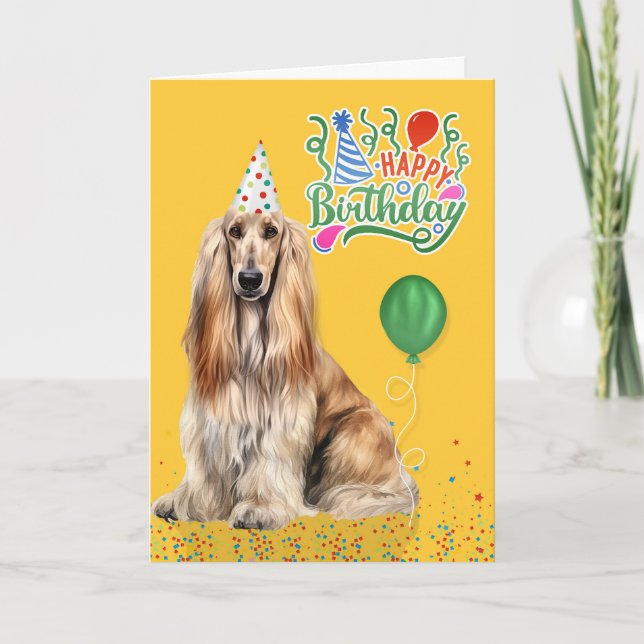 Afghan Hound Dog in a Party Hat on Yellow Birthday Card (Front)
