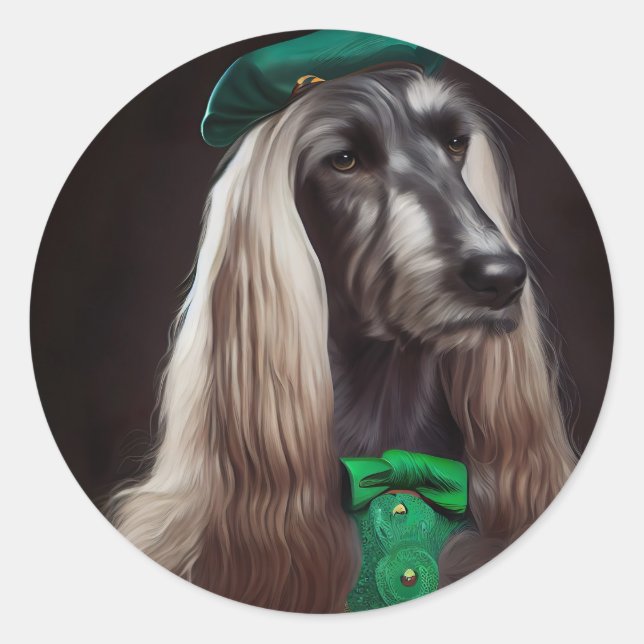 afghan hound dog in St. Patrick's Day Dress Classic Round Sticker (Front)