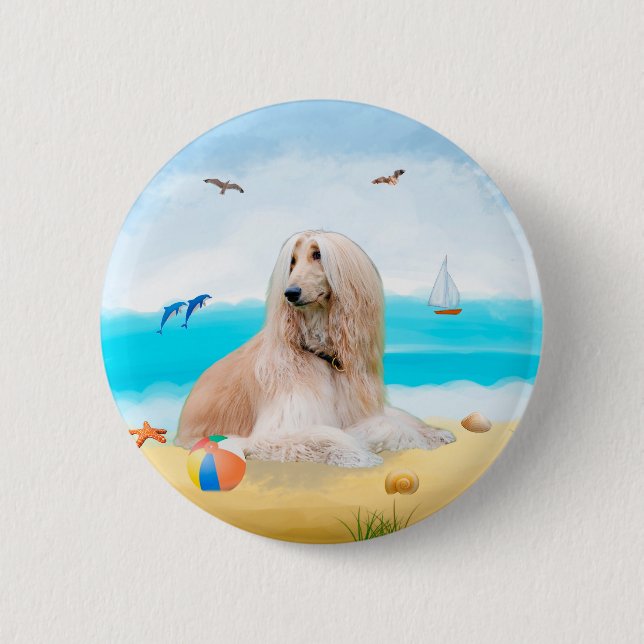 Afghan Hound Dog on Beach Button (Front)