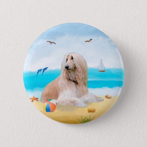 Afghan Hound Dog on Beach Button