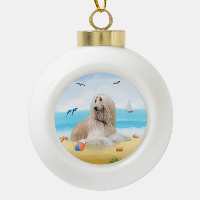 Afghan Hound Dog on Beach  Ceramic Ball Christmas Ornament (Front)