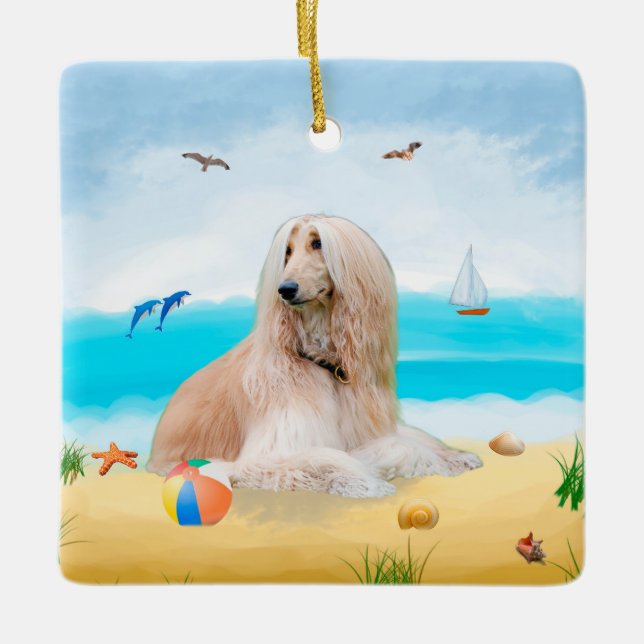 Afghan Hound Dog on Beach Ceramic Ornament (Front)