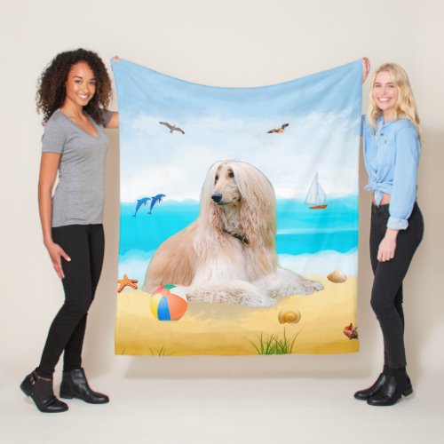 Afghan Hound Dog on Beach Fleece Blanket