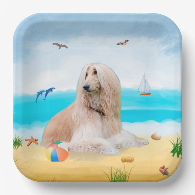 Afghan Hound Dog on Beach Paper Plates (Front)