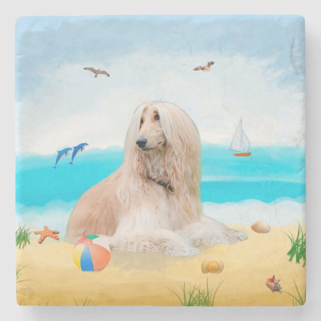 Afghan Hound Dog on Beach Stone Coaster (Front)