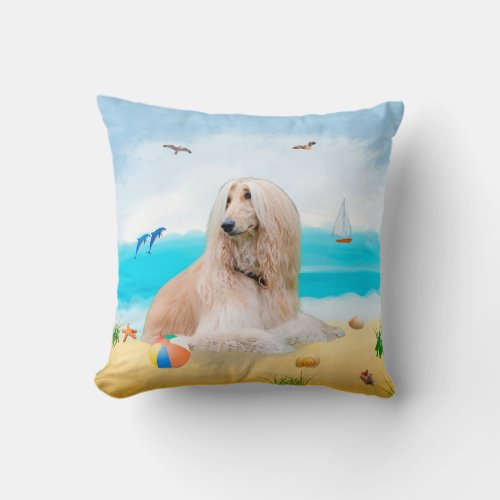 Afghan Hound Dog on Beach Throw Pillow