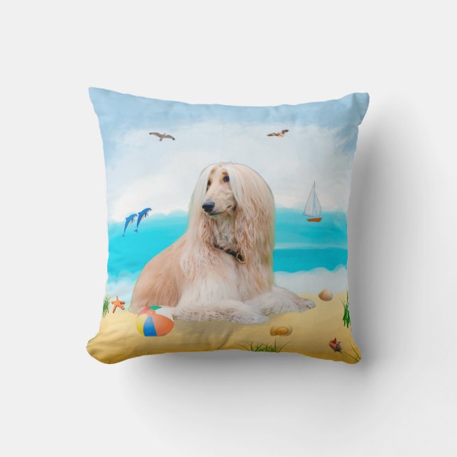 Afghan Hound Dog on Beach Throw Pillow (Front)