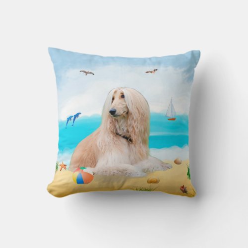 Afghan Hound Dog on Beach  Throw Pillow