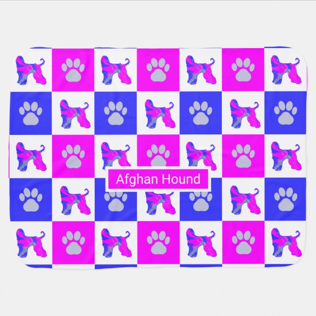 Afghan Hound Dog & Paw Hot Pink and Blue Baby Blanket (Horizontal)