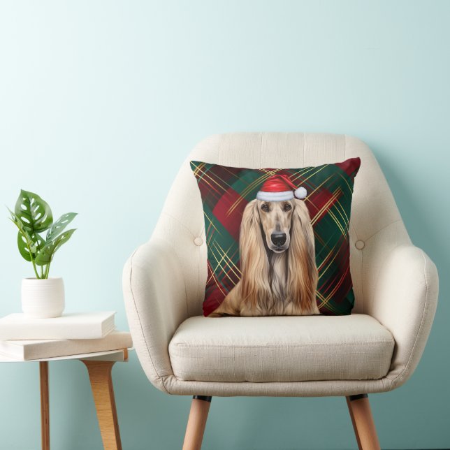 Afghan Hound Dog Red Plaid Christmas Holiday Throw Pillow (Chair)