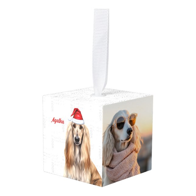 Afghan Hound Dog Two Photo Christmas Holiday Cube Ornament (Front Angled)