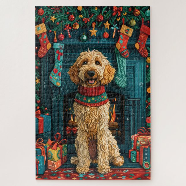 Afghan Hound Dog With Christmas Gifts Fireplace Jigsaw Puzzle (Vertical)