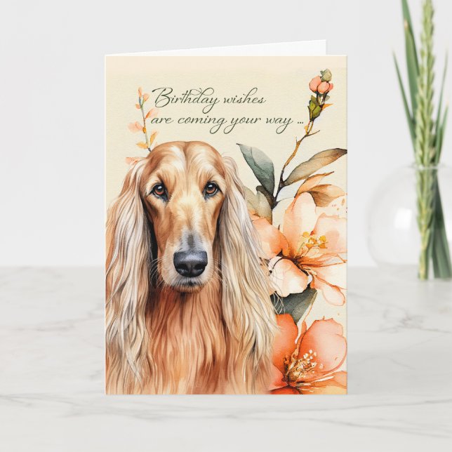 Afghan Hound Dog with Peach Lilies Birthday Card (Front)