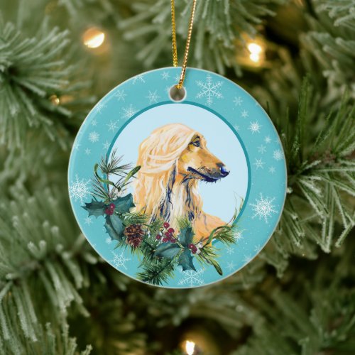 Afghan Hound Evergreen Blue Snowflake Border Ceramic Ornament