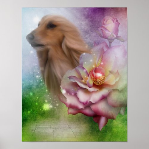 Afghan Hound Face Fantasy Flowers Dog Art Poster