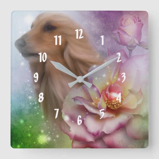 Afghan Hound Fantasy Flowers Dog Art Square Wall Clock (Front)