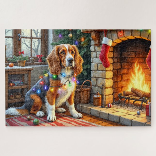 Afghan Hound Fireplace with Christmas Lights Jigsaw Puzzle (Horizontal)