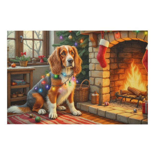 Afghan Hound Fireplace with Christmas Lights Wood Wall Art (Front)