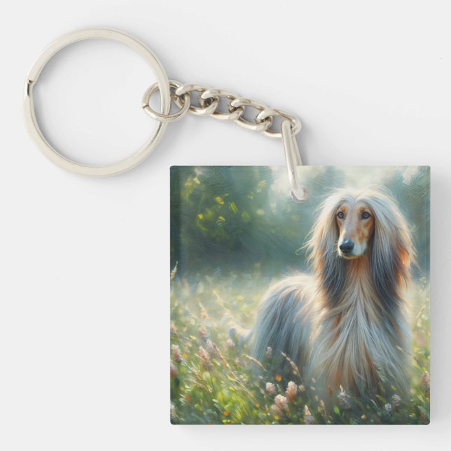 Afghan Hound In Floral Meadow Art Keychain (Front)